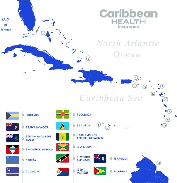 Mapa del Caribe con los 14 países donde está disponible el plan de Caribbean Health Insurance